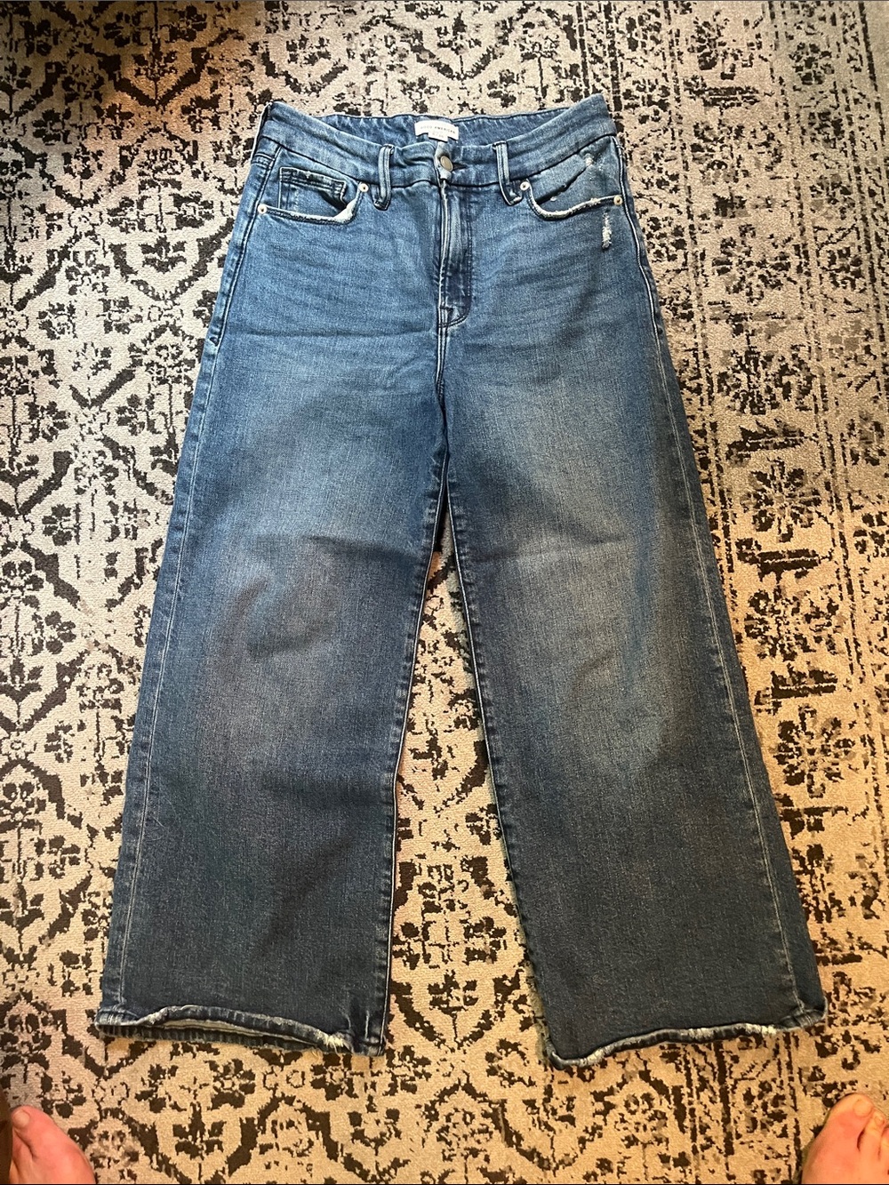 Good American Palazzo Crop Wide-Leg Jeans in Blue Denim